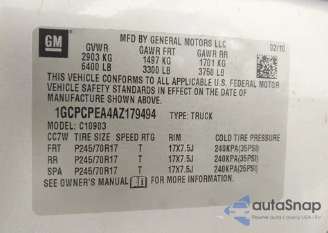 2010 Chevrolet Silverado 1500 Work Truck z USA, uszkodzony, nr VIN 1GCPCPEA4AZ179494
